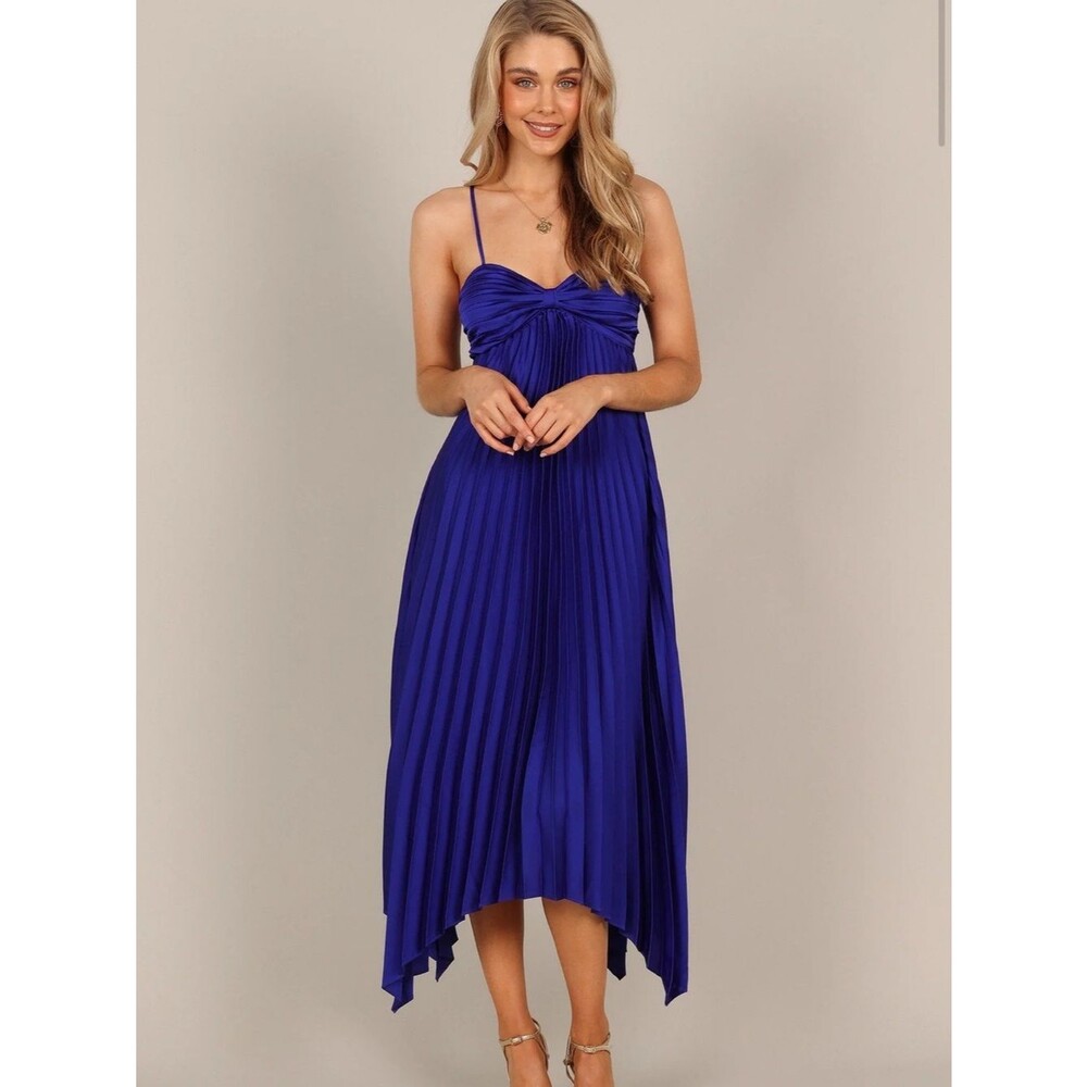 Petal and Pup Vicki Pleated satin Maxi Dress Cobalt Blue Women's 16 new
